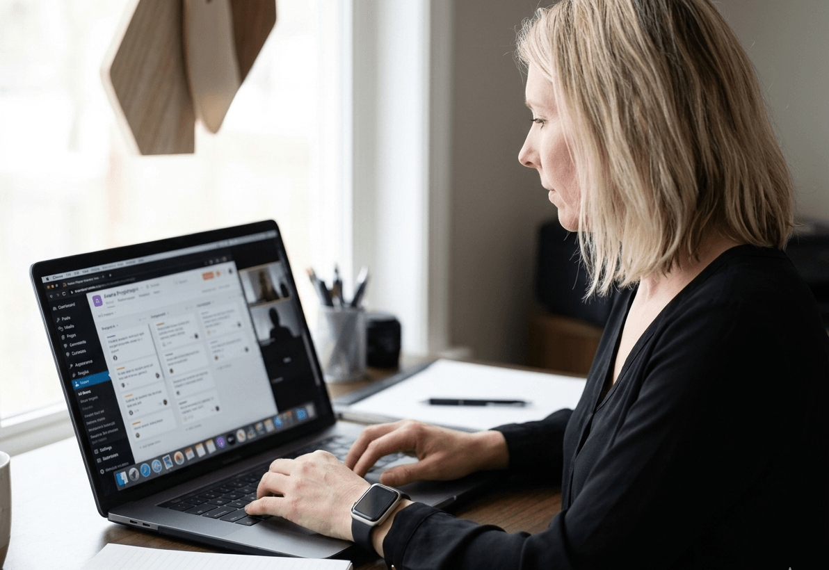 A woman with blonde shoulder-length hair wearing a black blouse and a smartwatch types on a laptop at a wood desk. The screen displays a project management interface. A notebook, pen, and cup are visible on the desk beside her, with a bright window in the background.
