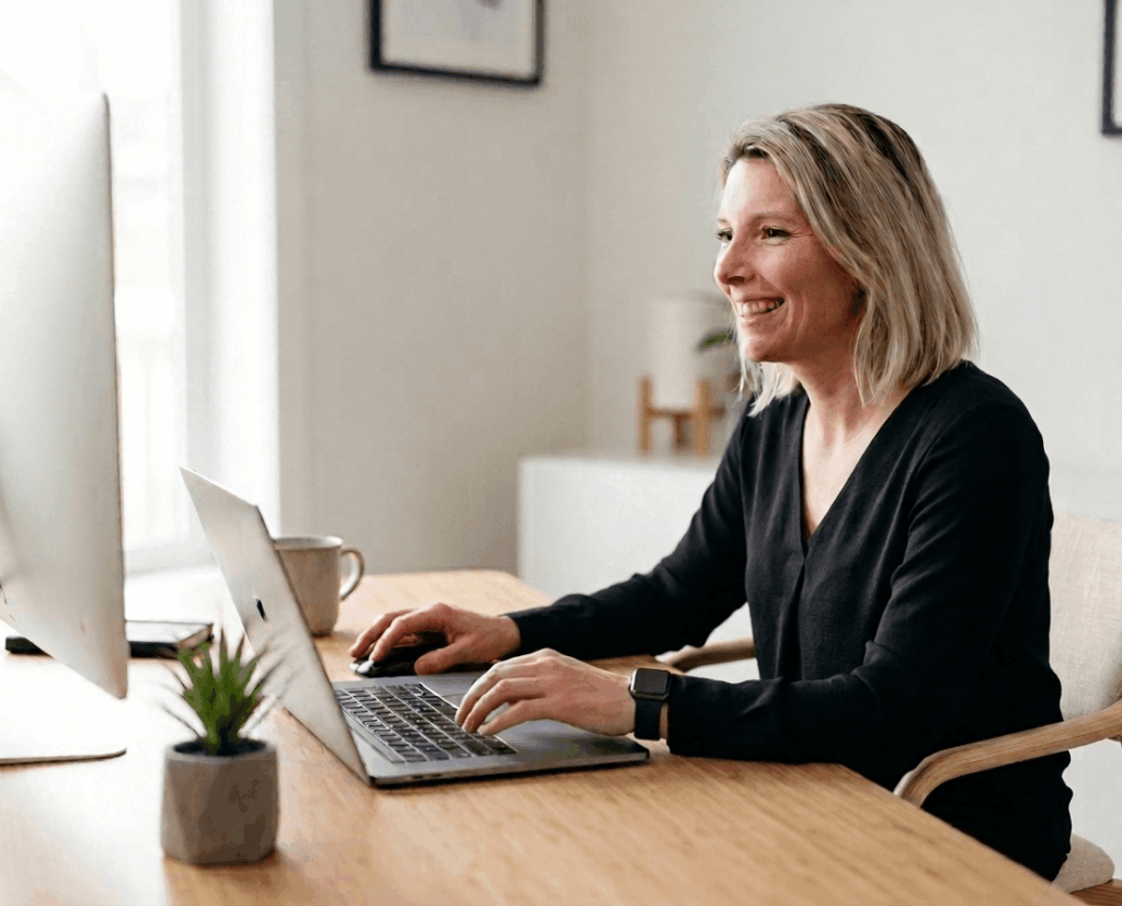A smiling woman with blonde shoulder-length hair wearing a black v-neck top and a smartwatch sits at a light wood desk working on a laptop, with a large desktop monitor beside her. A small potted plant and a mug are on the desk. The background features a bright, minimalist workspace with framed art on the walls.