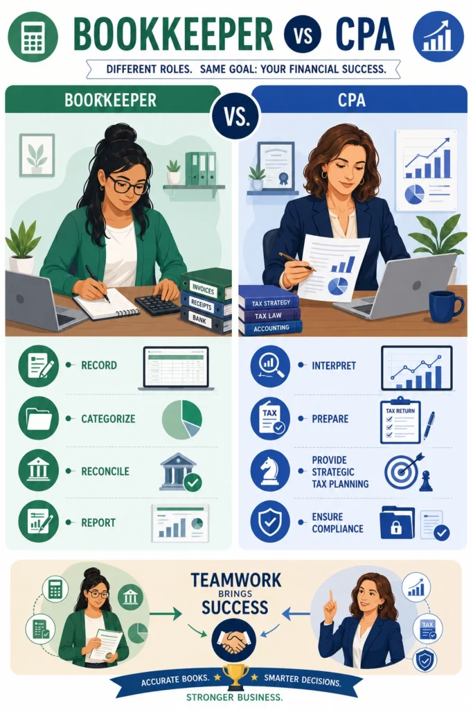 Infographic comparing a bookkeeper and a CPA under the headline "Different Roles. Same Goal: Your Financial Success." Bookkeepers record, categorize, reconcile, and report; CPAs interpret, prepare taxes, provide strategic tax planning, and ensure compliance. A bottom section shows both roles working together toward accurate books, smarter decisions, and a stronger business.