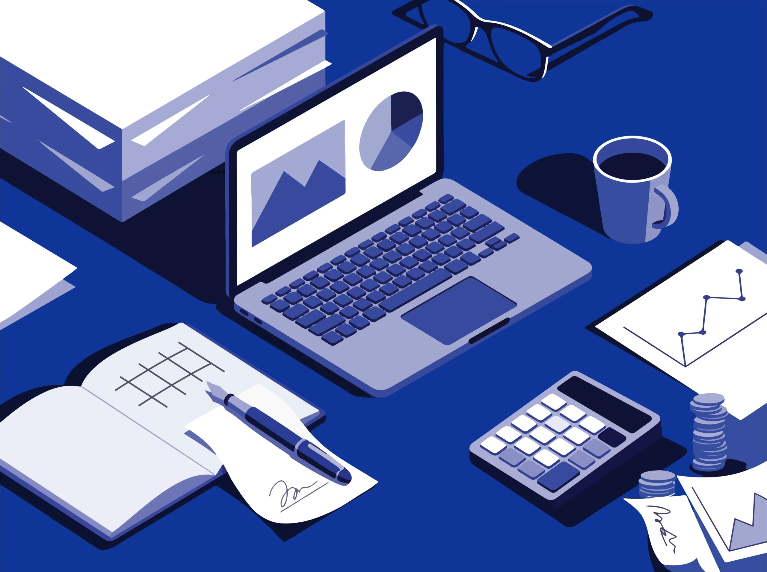 Isometric illustration of a virtual assistant bookkeeping workspace featuring a laptop with financial charts, a calculator, stacked coins, a notebook, signed documents, a coffee mug, and eyeglasses on a blue surface.