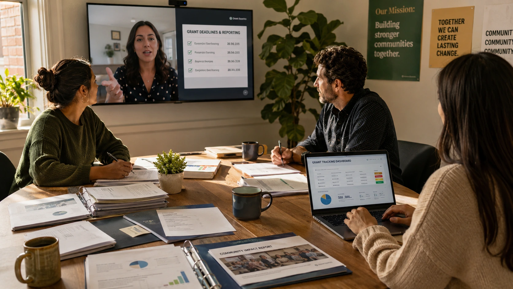 A nonprofit team meets around a conference table covered in grant reports and a community impact report, while a virtual assistant presents grant deadlines and reporting on a wall-mounted screen. A laptop displays a grant tracking dashboard, and mission-focused wall signage is visible in the background.