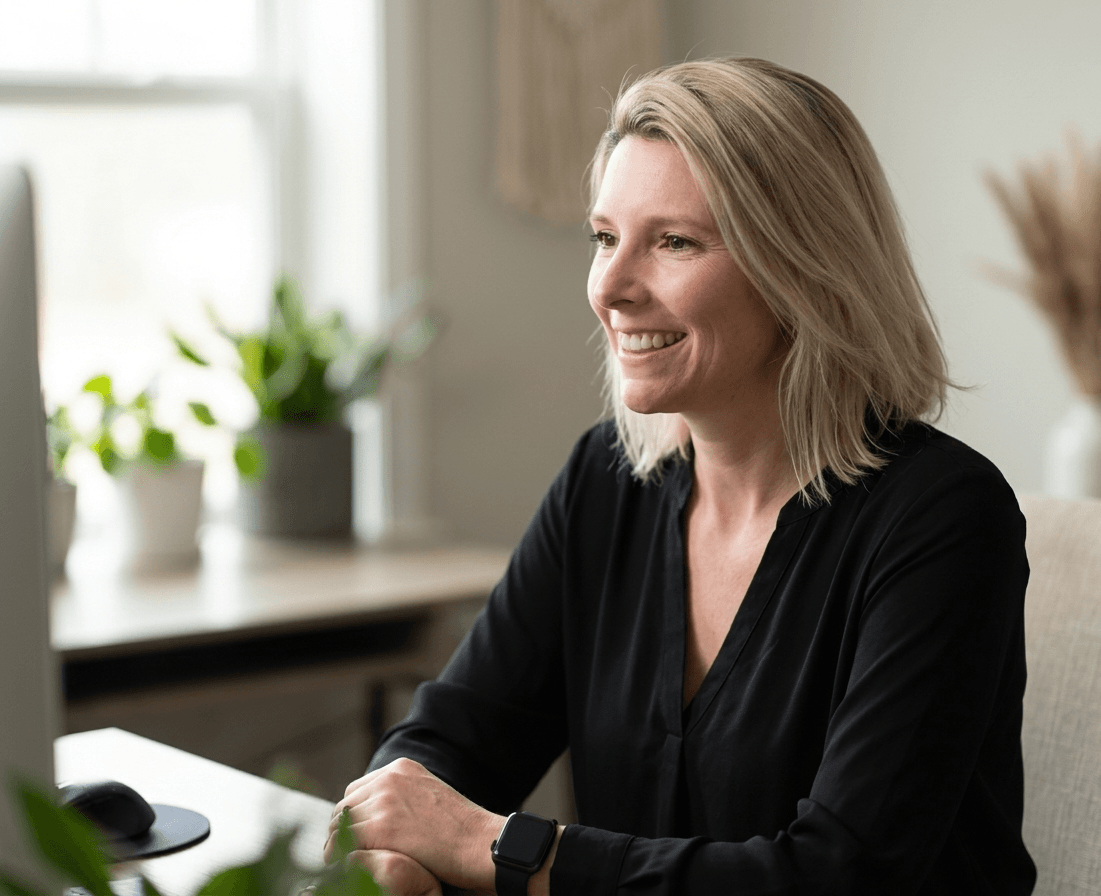 A smiling virtual assistant woman with blonde shoulder-length hair wearing a business v-neck blouse sits at a desk in front of a monitor, looking off to the side.