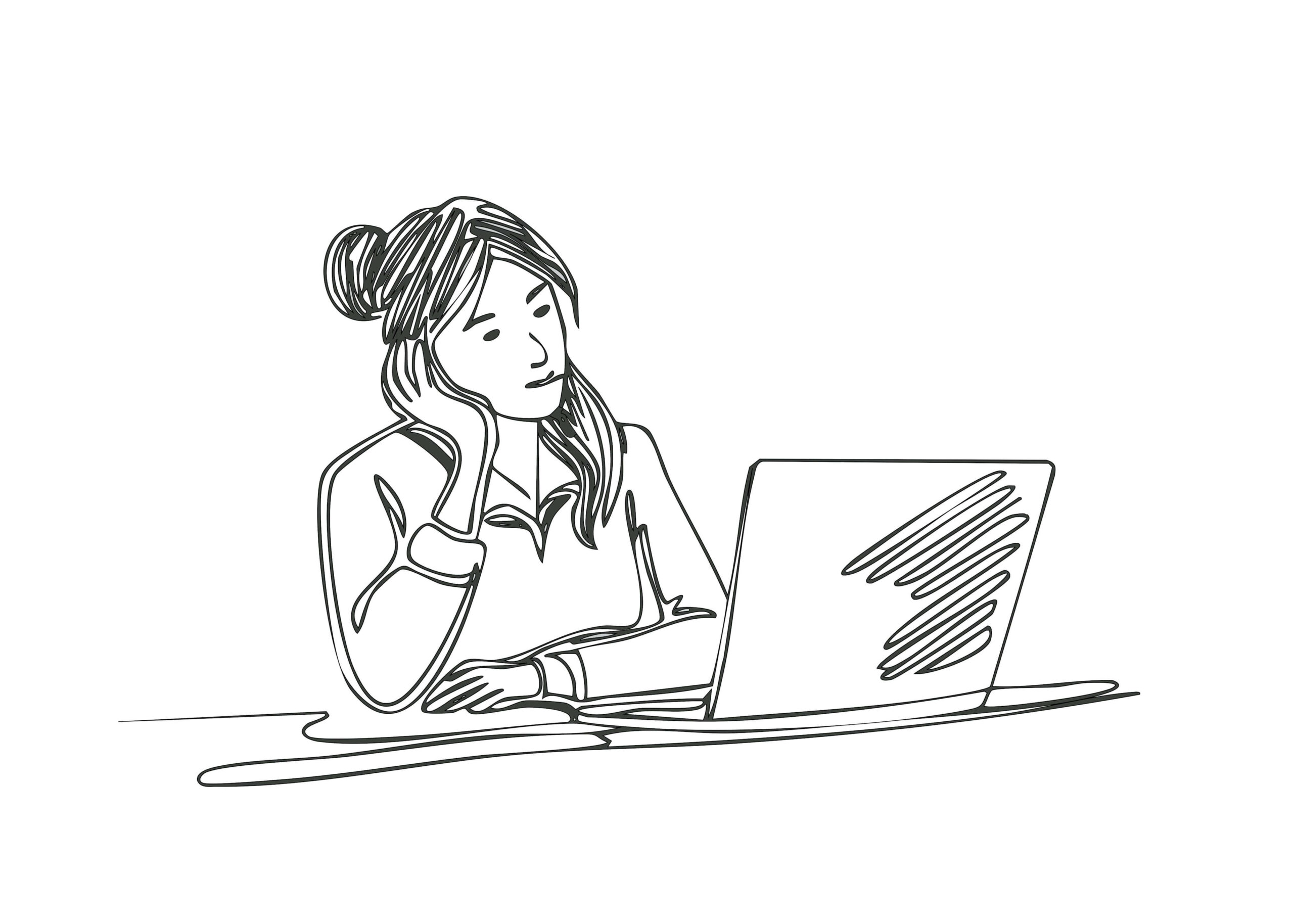 Drawing illustration of a nonprofit woman leader sitting at a desk with a laptop, resting her head on her hand with a tired, overwhelmed expression. Her hair is pulled up in a loose bun with strands falling down.