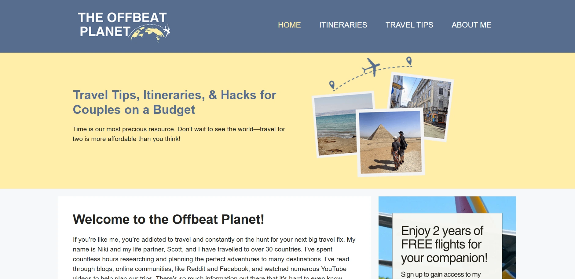Screenshot of The Offbeat Planet website homepage, a travel blog featuring tips, itineraries, and hacks for couples on a budget.