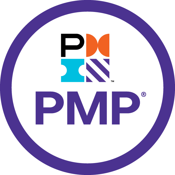 Project Management Professional (PMP)® certification badge issued by the Project Management Institute (PMI). The circular badge features a purple border, the PMI logo in black, orange, cyan, and purple, and the letters "PMP®" in bold purple text on a white background.