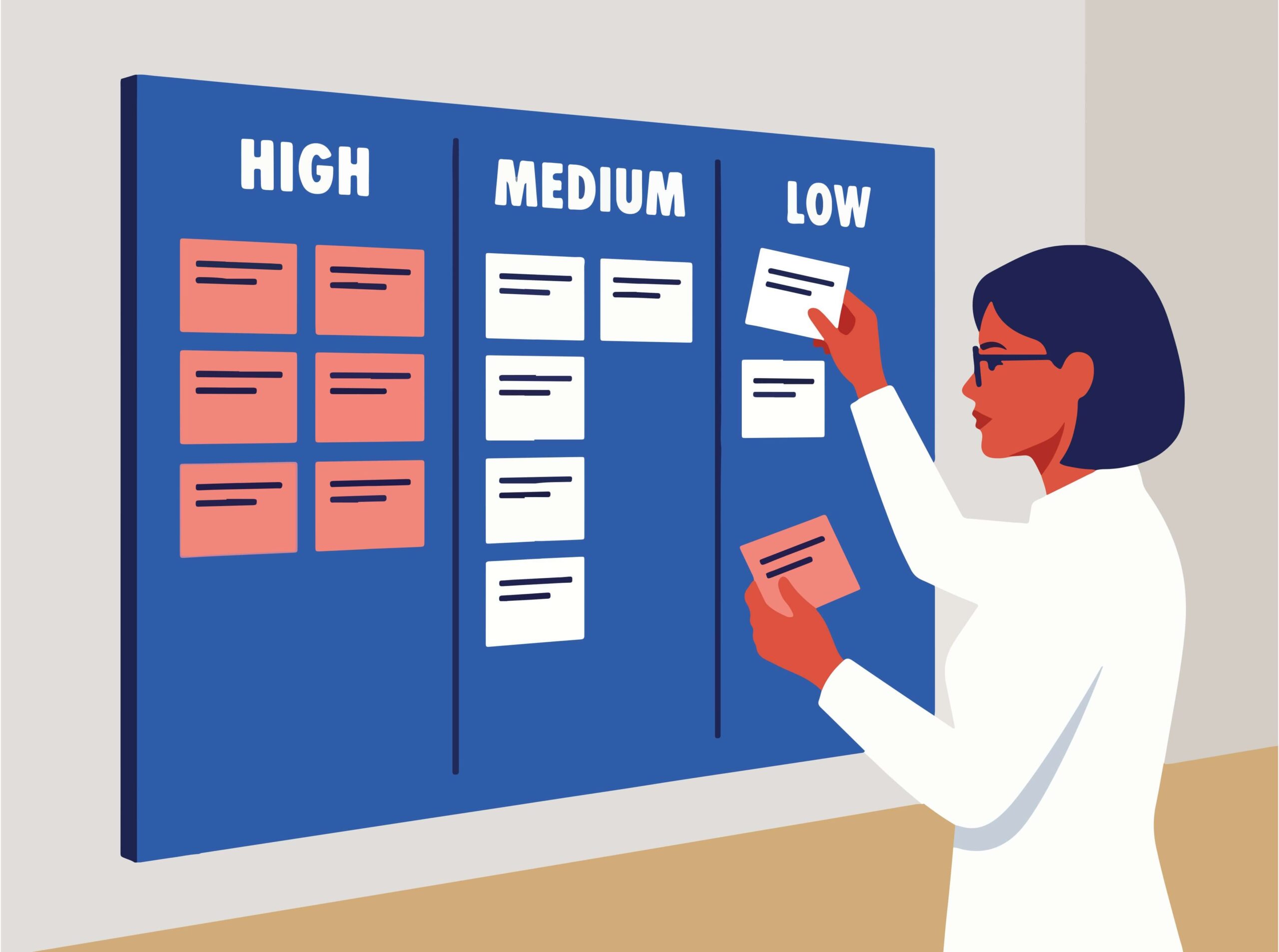 A flat-style illustration of a project management virtual assistant woman with dark hair and glasses wearing a white top, placing task cards on a blue priority board divided into three columns labeled High, Medium, and Low. The High column contains six coral-colored cards, the Medium column contains four white cards, and the Low column contains two white cards. She holds an additional coral card in her other hand, indicating active task prioritization.