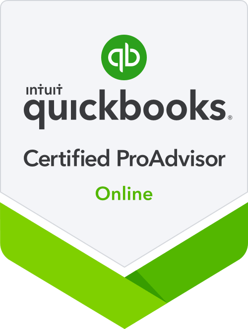 Intuit QuickBooks Certified ProAdvisor – Online badge. A shield-shaped badge featuring the green QuickBooks "qb" logo at the top, the Intuit QuickBooks wordmark in dark gray, the text "Certified ProAdvisor" in dark gray, and "Online" in green. The bottom of the badge displays a green chevron design.