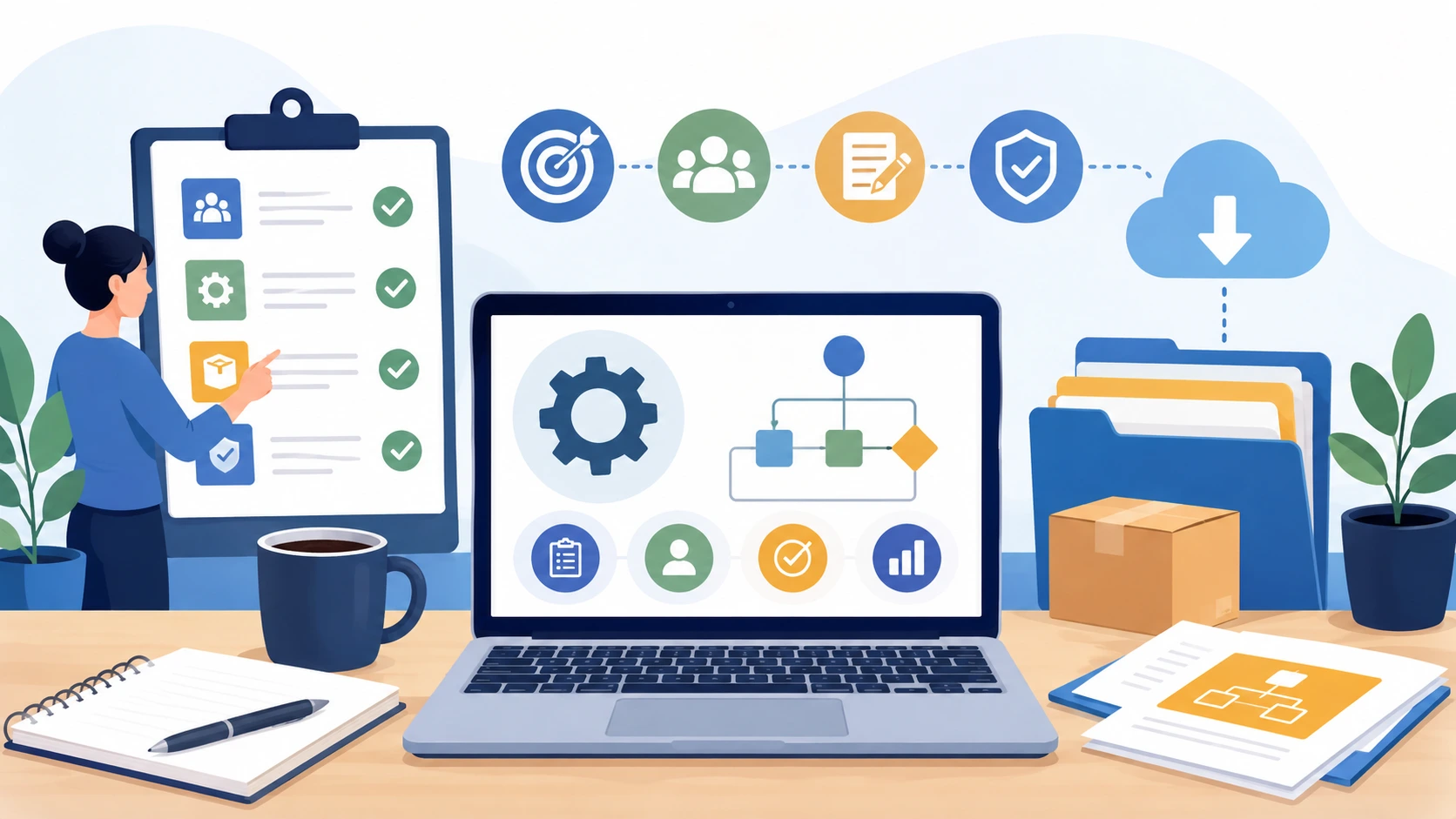 Flat-style illustration of a virtual assistant building standard operating procedures for a small business or nonprofit, showing a person reviewing a checklist, a laptop displaying a process flowchart, file folders, and a connected workflow of operations icons.