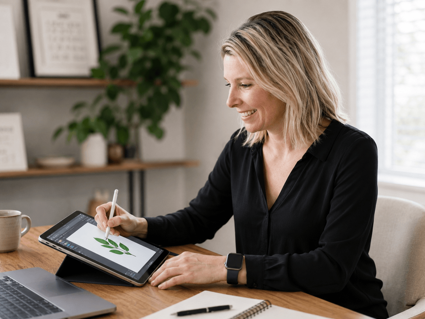 A virtual assistant smiling woman with blonde shoulder-length hair wearing a black blouse sits at a wood desk drawing a green leaf graphic on a tablet with a stylus.